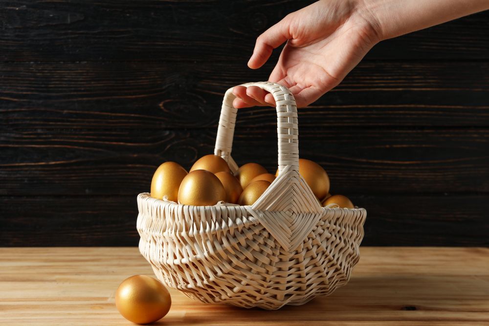 Pension rewards, returns and investment funding concepts, golden eggs