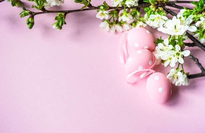 Easter card concept with branch of spring flowers with decorative pink eggs