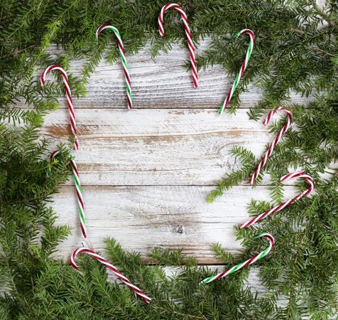 Real fir wreath with candy cane decoration ornaments on rustic wood for the Christmas or New Year holiday background