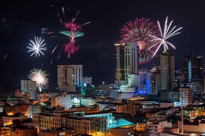 Fireworks over city of Guayaquil, Ecuador at night