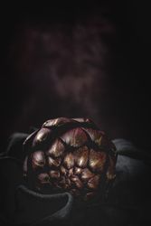 Fresh raw purple artichokes on dark background.