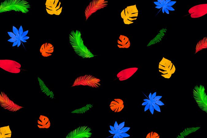 Neon tropical leaves pattern in vivid  fluorescent colors on dark background