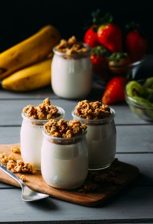 Glass bottles with milk and walnuts