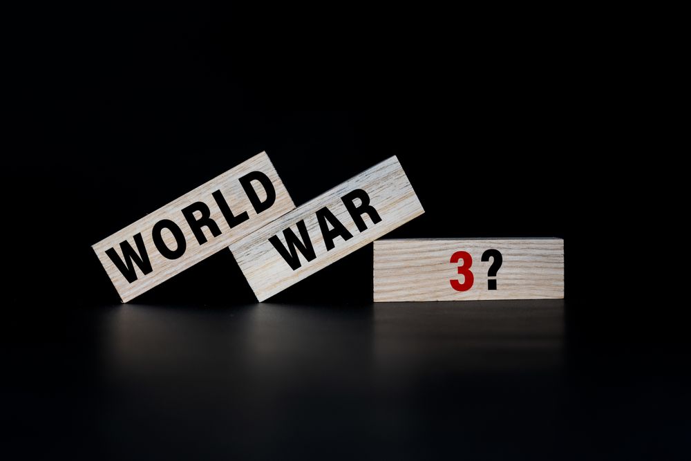 world war 3 with question mark on wooden blocks isolated on dark background