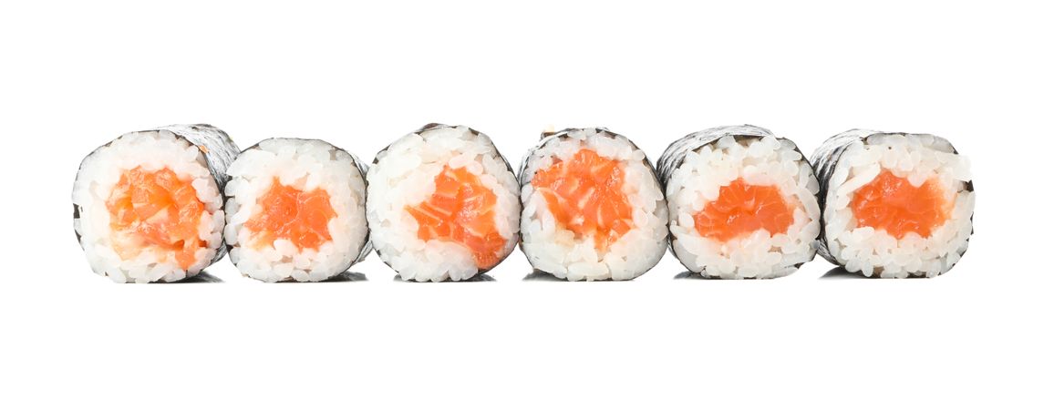 Japanese food. Delicious sushi rolls isolated on light background