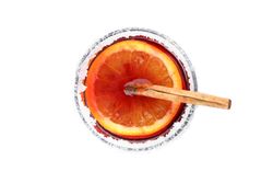 Glass of tasty mulled wine isolated on studio background, top view