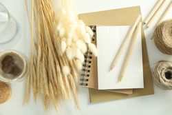 Bright home crafting room with dried willows and notebook