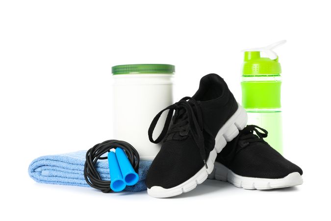 Healthy lifestyle accessories isolated on plain background