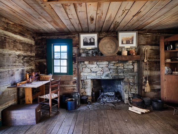 Reconstructed cabin interior at the Hickory Ridge Living History Museum, Boone, North Carolina