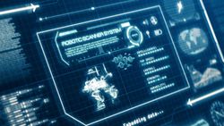 Futuristic blue hologram with robotic information on screen