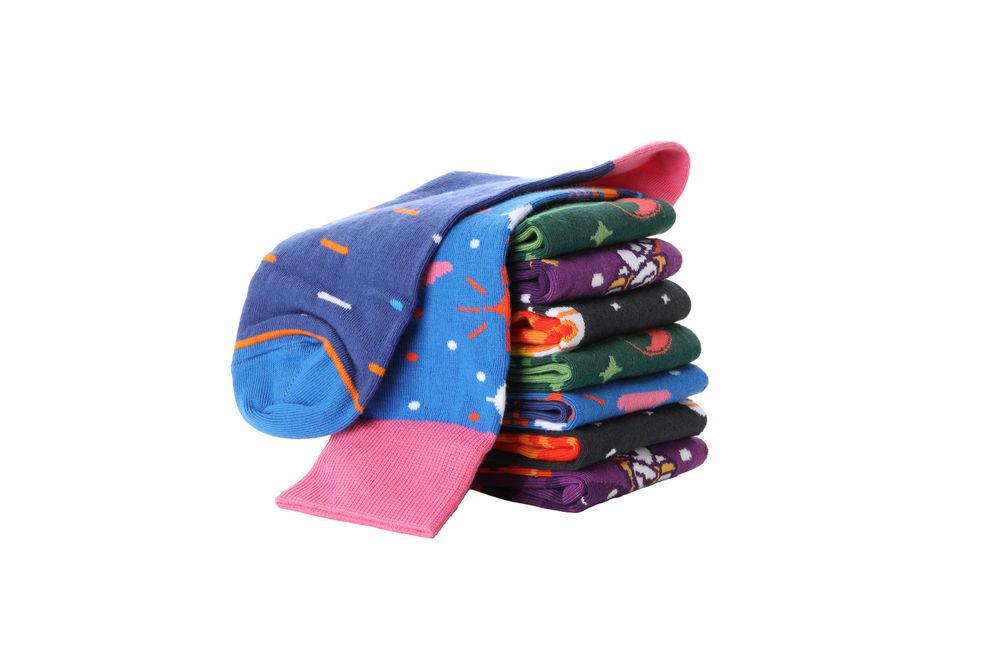 multicolored socks, isolated on light background.