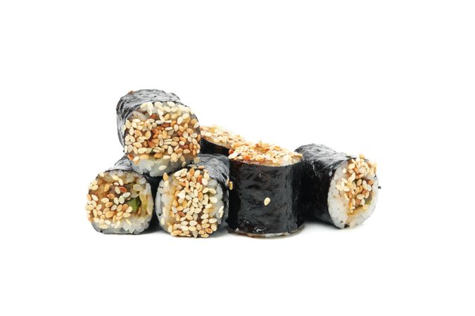 Japanese food. Delicious sushi rolls isolated on light background