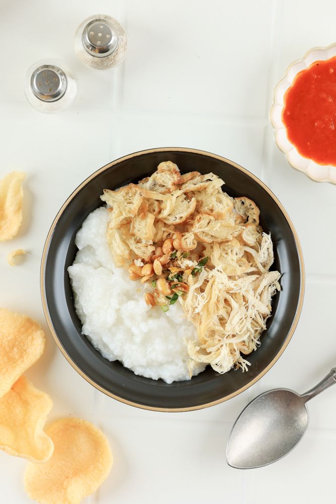Top View Bubur Ayam or Chicken Porridge, Indonesian Traditional Food