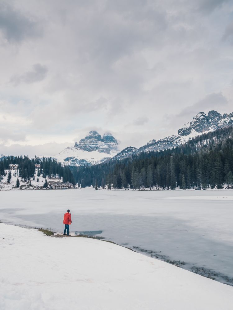 Unrecognizable person standing in snow surrounded by forest and mountains