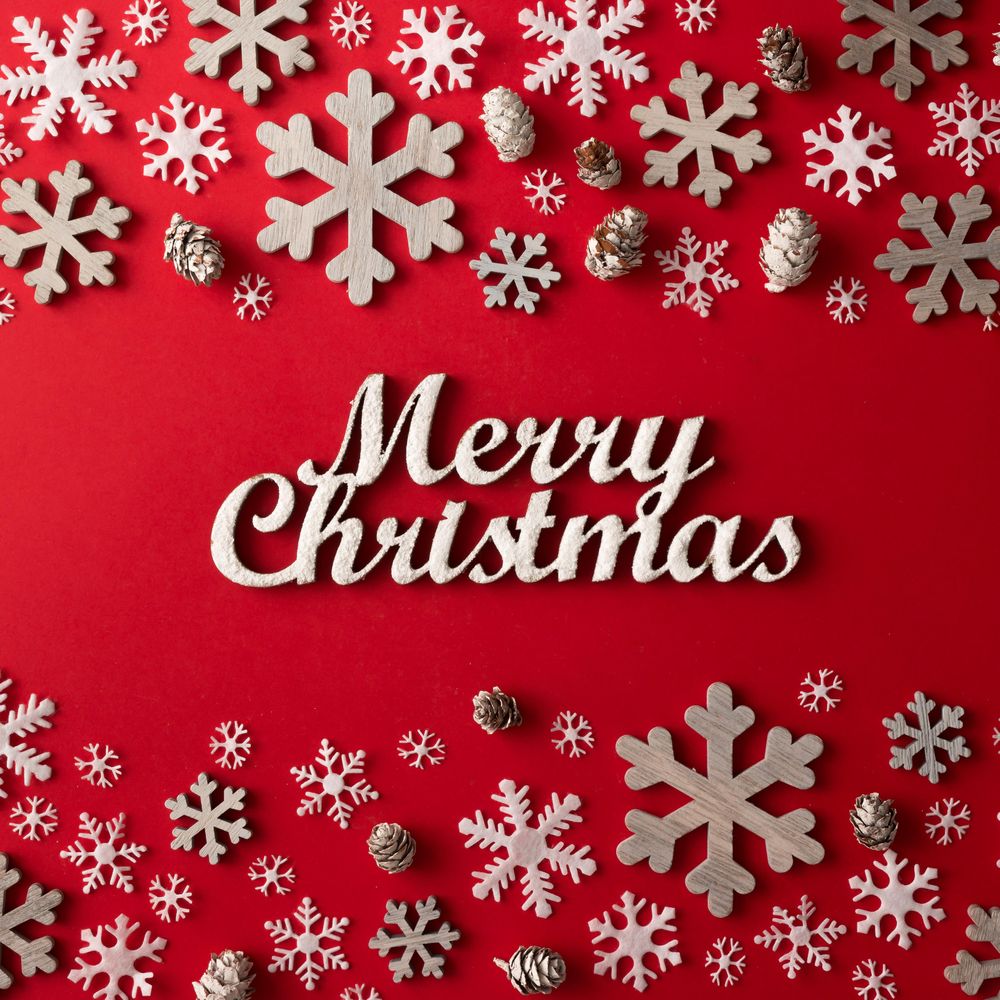 Snowflakes bordering red background with “Merry Christmas”