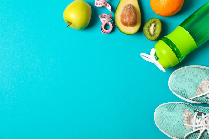 Flat lay composition with sport lifestyle accessories on color background