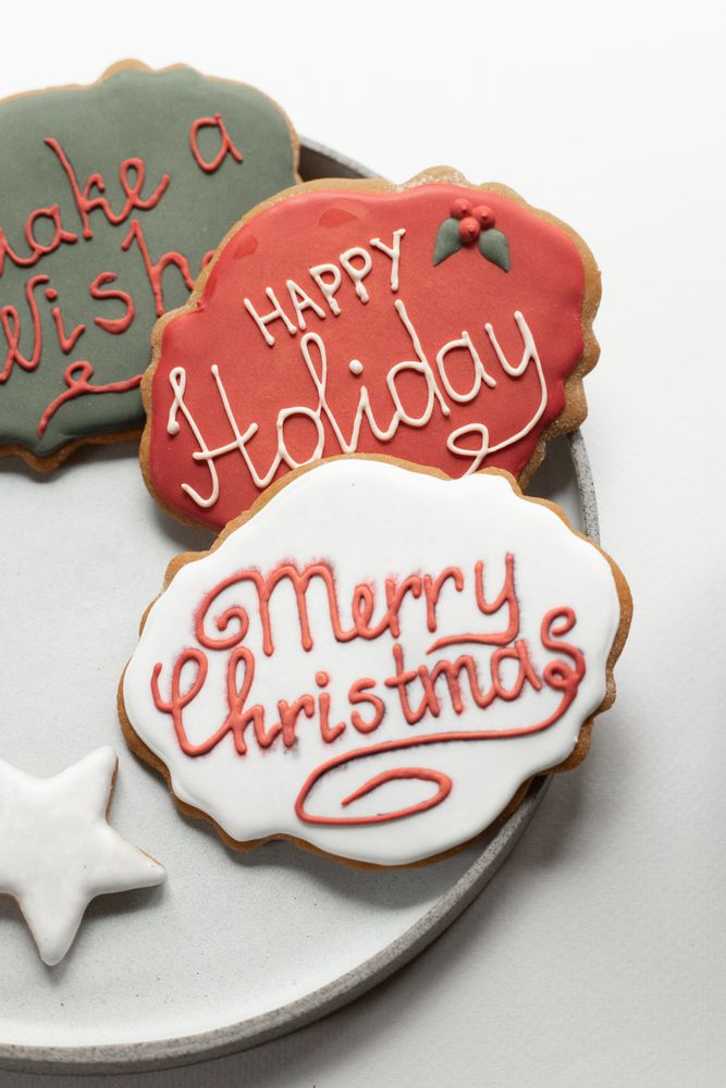 Holiday wishes written on gingerbread cookie