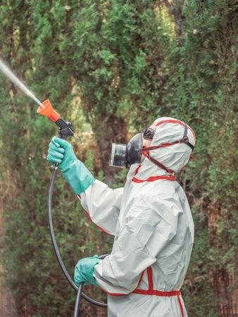 Fumigator in uniform spraying substance on garden