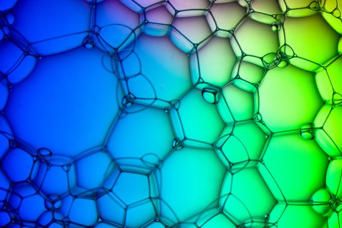 Abstract background bio technology, macro photography foam and water with gradient background. Molecule multicolor backgorund