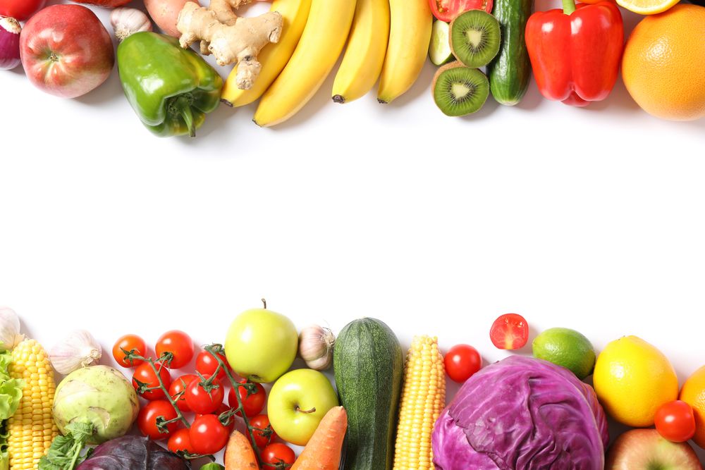 Composition with ripe vegetables and fruits isolated. Top view