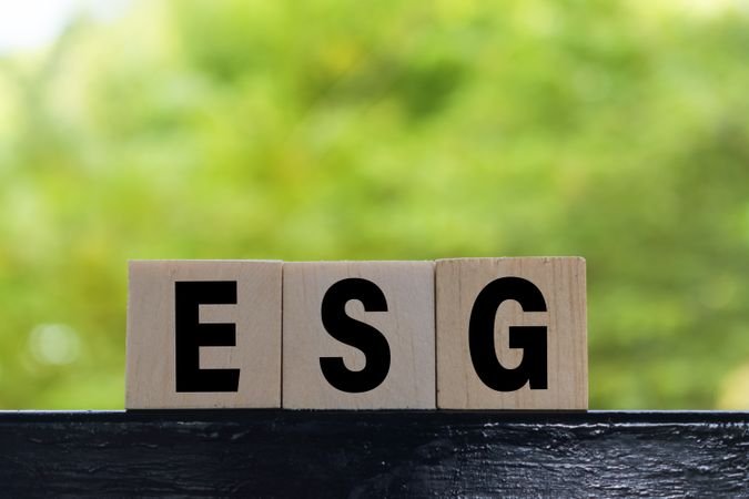 ESG letter symbol on wooden blocks isolated on green background. concept of environmental and sustainability government responsibility