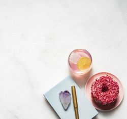 Summer office desk stationery flat lay on light marble