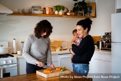 Female couple and baby in kitchen preparing lunch 0LOzgb