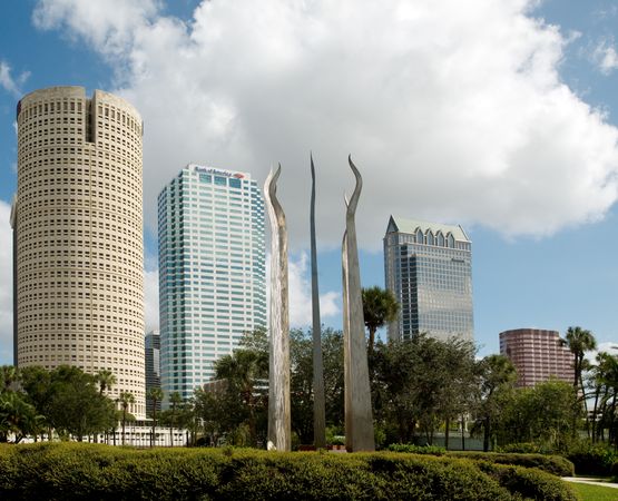 Curvy sculpture against Tampa, Florida city skyline