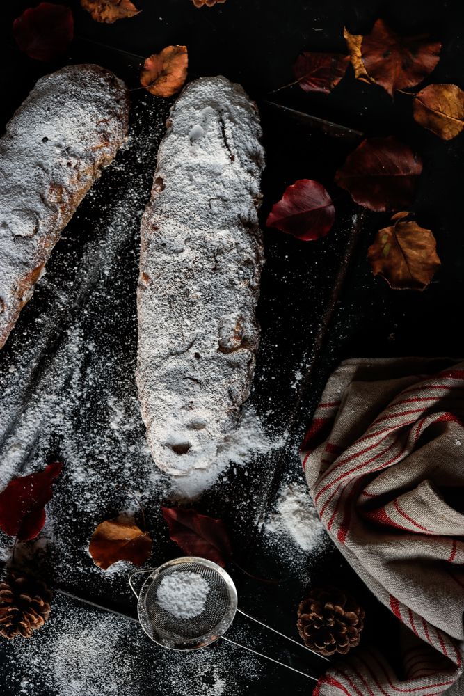 Cut Stollen with powdered sugar