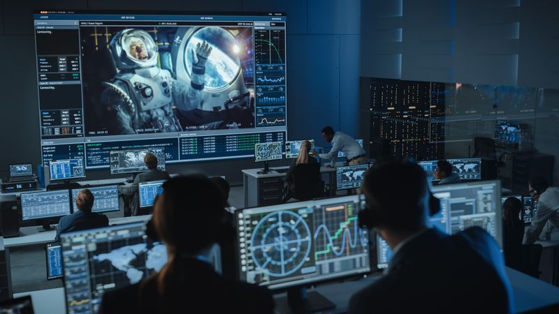 Mission Control Monitors Astronaut in Space. Large Screen Displays Spacewalker, While Team Analyzes Data on Multiple Monitors