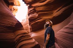 Bearded traveler looking at ravine walls