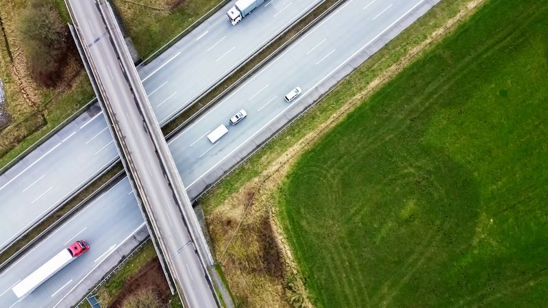 View from above on the German motorway A7 with little traffic.