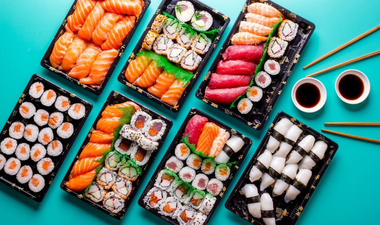 Tasty sushi served in a table