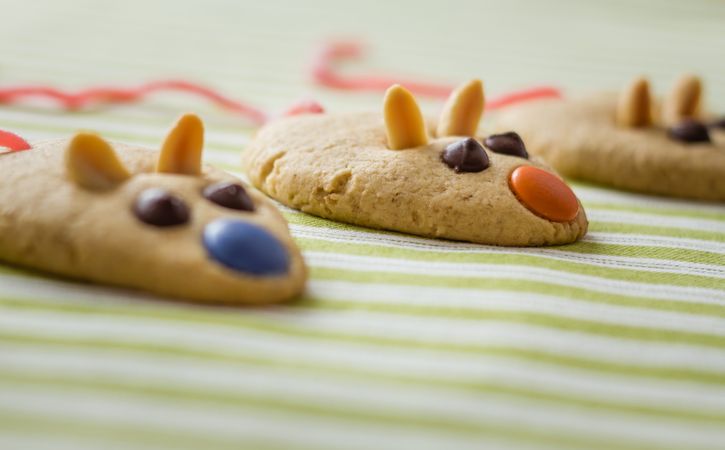 Cookies with mouse shaped and red licorice tail