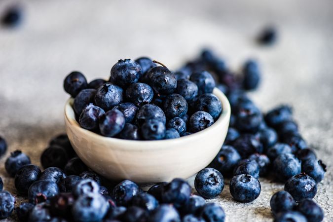 Organic blueberries in bowl on stone background