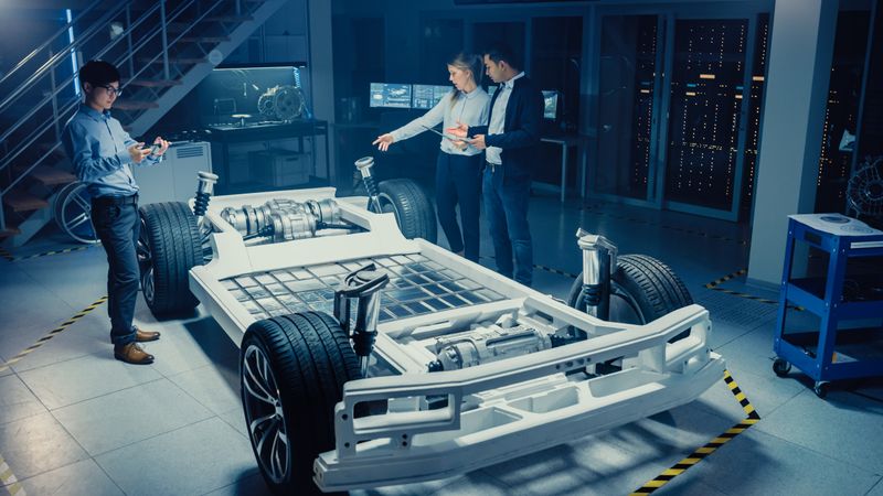 High Angle Shot of a Development Laboratory Room with Diverse Professional Team of Engineers and Scientists Working on a Electric Car Chassis with Wheels, Batteries, Engine and Suspension.