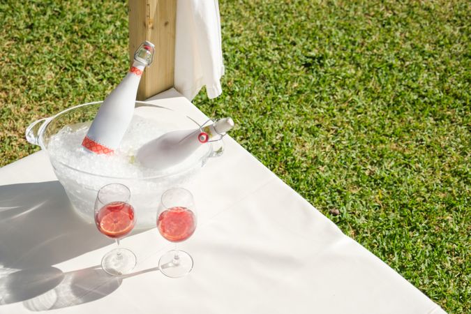 Glasses of wine on canopy bed