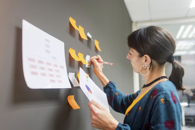 Businesswoman writing on sticky notes