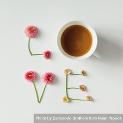 "Love" made of flowers and coffee cup on light background 5lpKY5