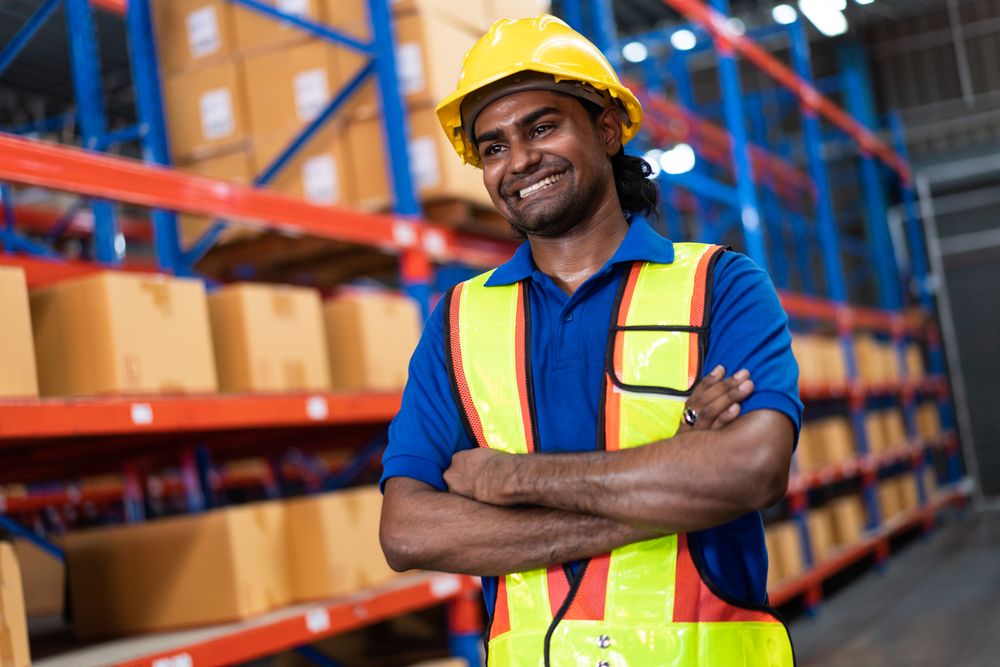 Smiling Indian warehouse worker with arms crossed in safety gear