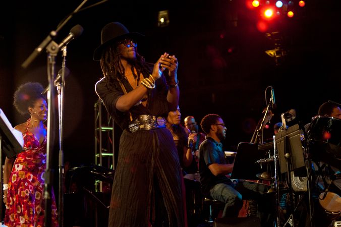 Los Angeles, CA, USA - July 12, 2012: Musician Love-Logiq on stage with band