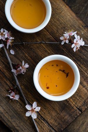 Top view of two cups of green tea