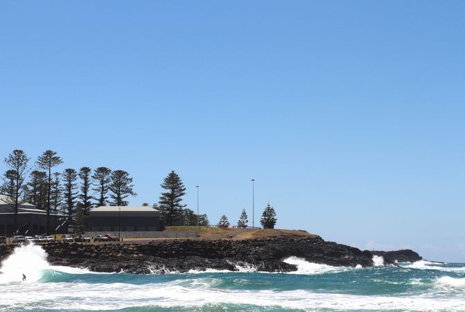 Surfer rides waves near rocky shore with trees under clear blue sky in coastal area