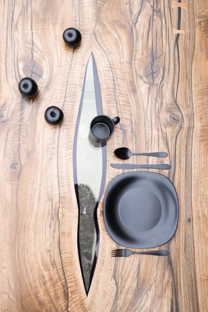 Dark plate, knife, fork, spoon with matching apples on stylish wooden table