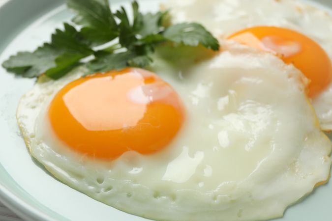 Close up of eggs sunny side up with parsley garnish