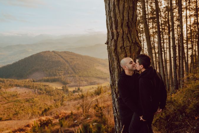 Smiling men hugging near tree in forest on hill