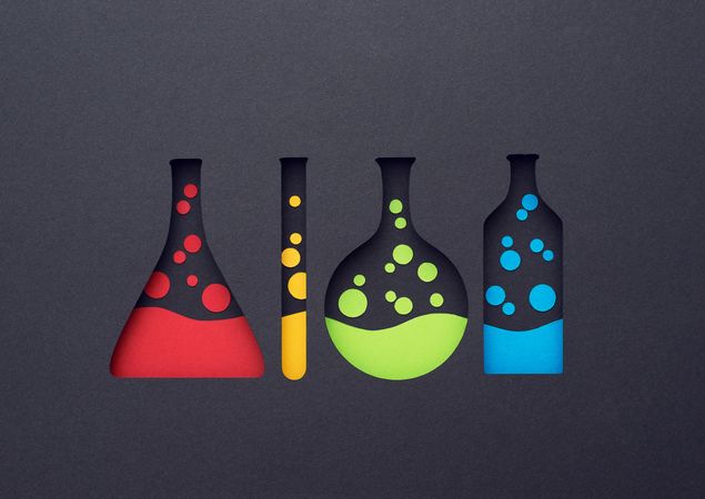 Colorful chemistry testing flasks, jar and tube paper cut outs