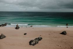 Sandy beach under overcast sky in Scotland