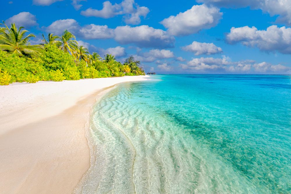 Crystal clear blue waters coming onto a topical beach