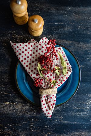Top view of red dotted napkin with berries and salt and pepper shaker